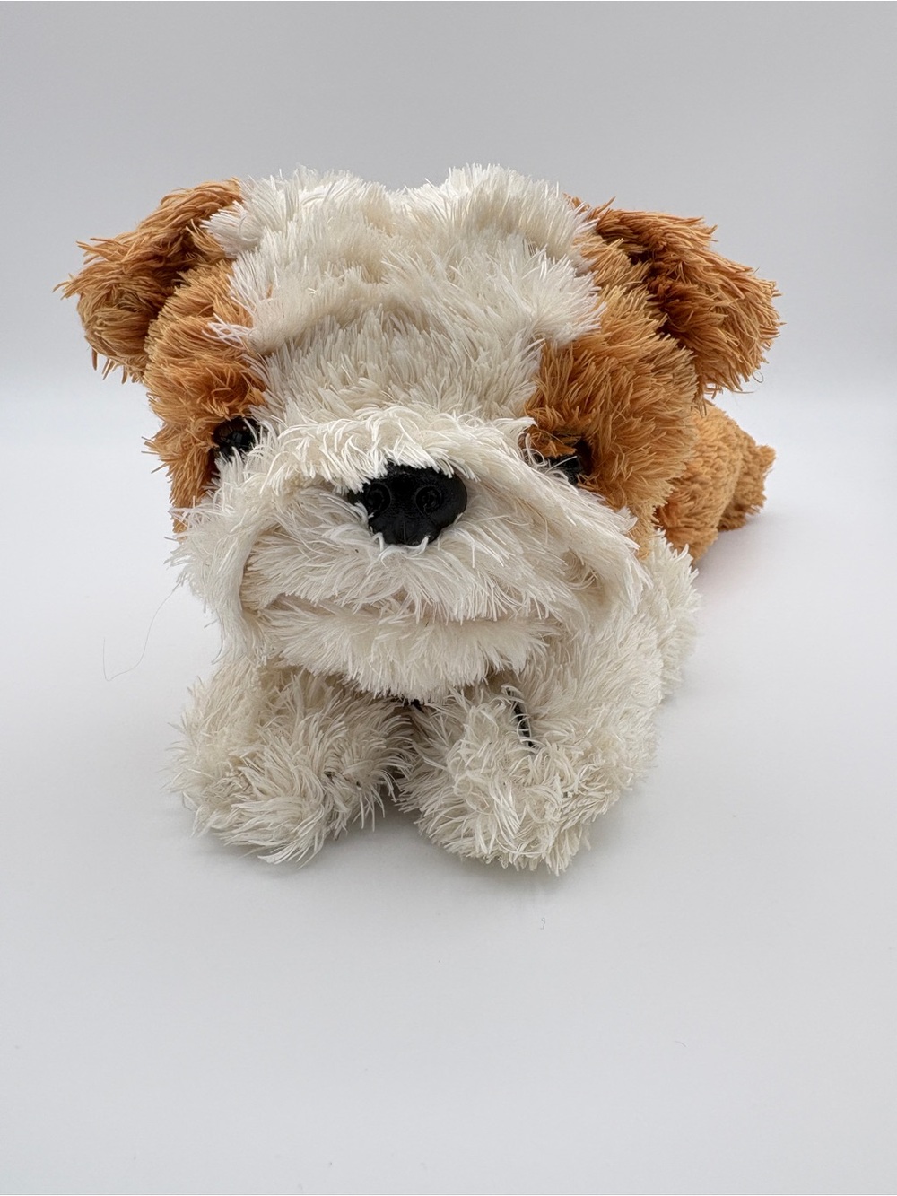 FAO SCHWARZ Brown and White Puppy Dog Plush Laying Down 10”